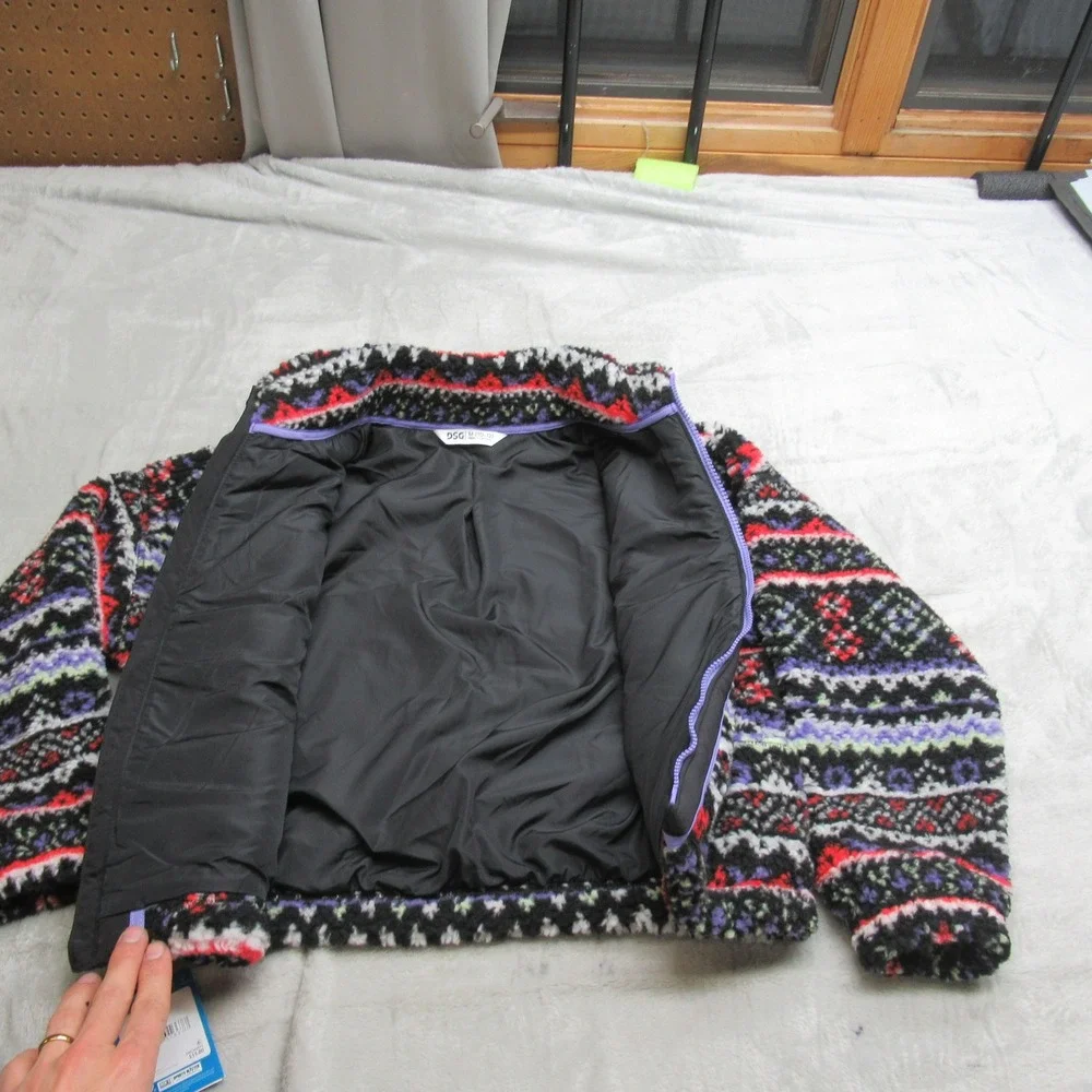 DSG Aztec Jacket Girls Medium Black Cozy Fleece Full Zip Funky Fair Isle $55 NEW